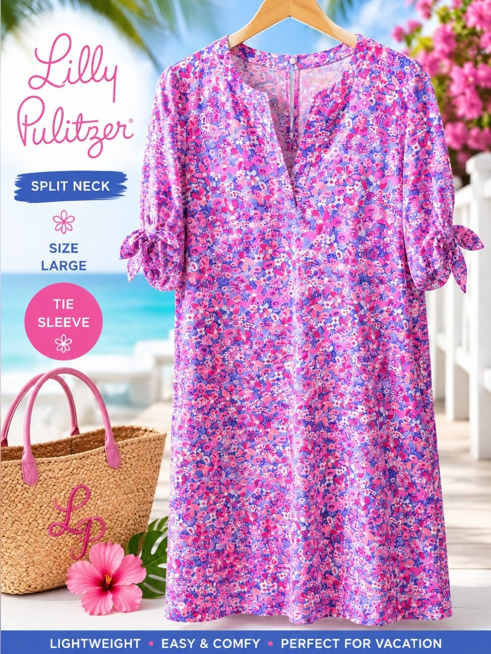 Lilly Pulitzer Pink and Purple Floral Split-Neck Tie-Sleeve Dress
